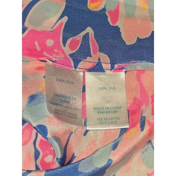 Lilly Pulitzer Women's Pink Blue ELSA 100% Silk SEASHELLS CRABS Blouse Sz L 2895 - Picture 6 of 10
